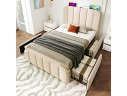 Cama Tapizada Individual 90x200cm Con Cargador Usb-c, Decoración Rayas Doradas, 4 Cajones, Sin Colchón, Lino Beige