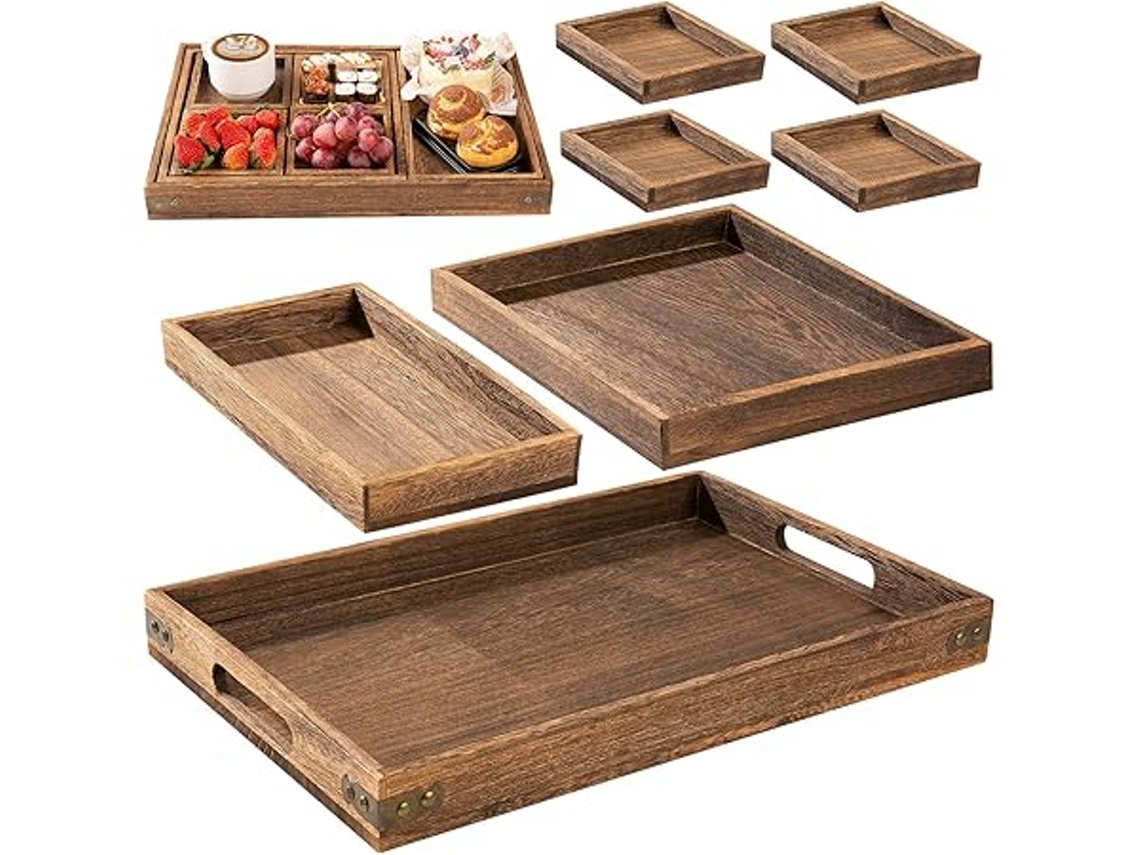 Juego De 7 Bandejas De Madera Con Asas, Ideales Para Servir Comida, Para Recepciones O Como Elemento Decorativo.