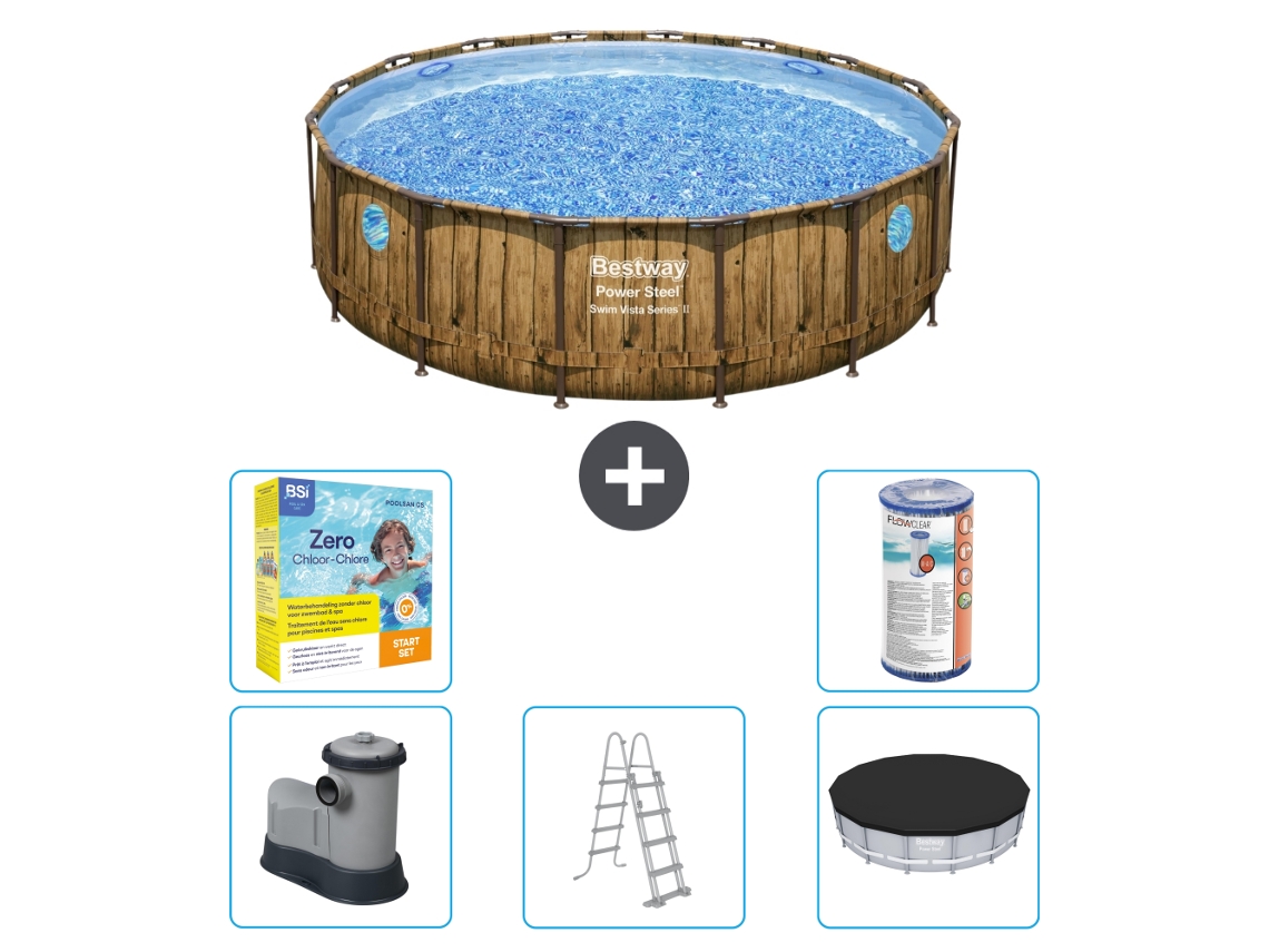 Piscina BESTWAY Round Power Steel Swim Vista - Impresión en madera - 488 x 122 - Incluye bomba - Escalera - Cubierta Accesorios CB33