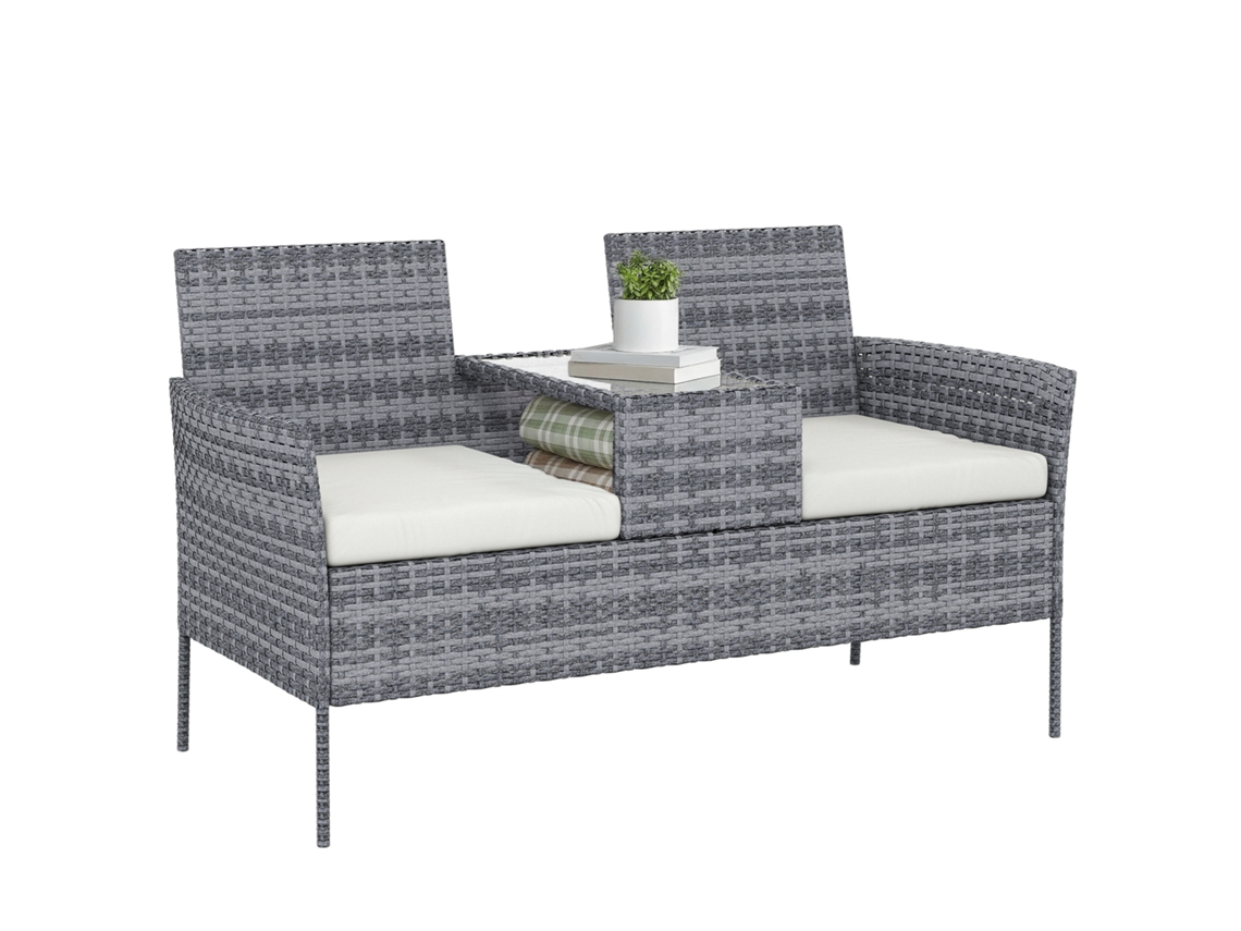 Banco de jardín de resina y mimbre para dos personas con mesa y cojines, 135x64x81cm, negro, ZENCORE SERVICES