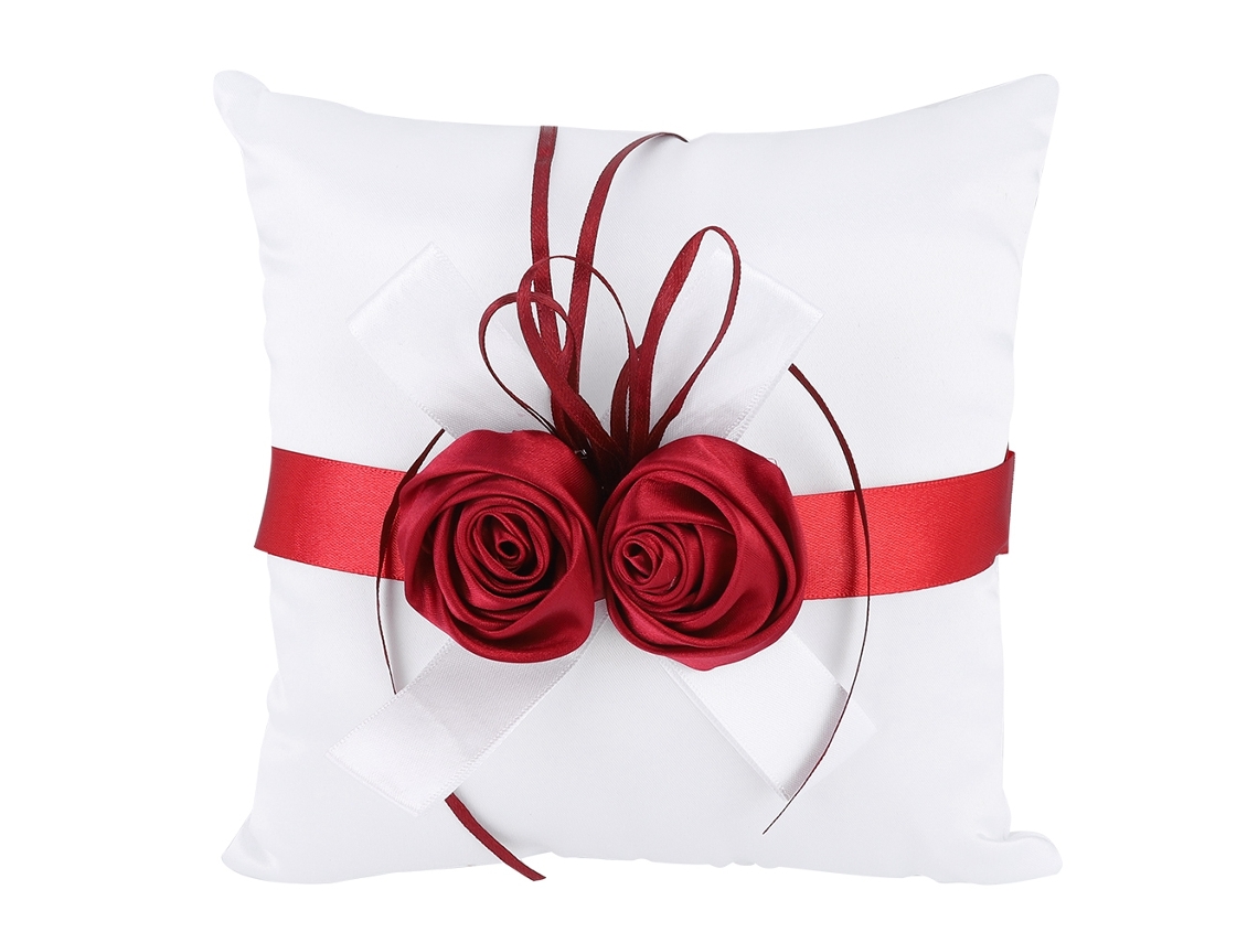 Elegante Cojín Blanco Para Anillos Con Decoración De Rosa Artificial Y Cinta - Accesorio De Boda