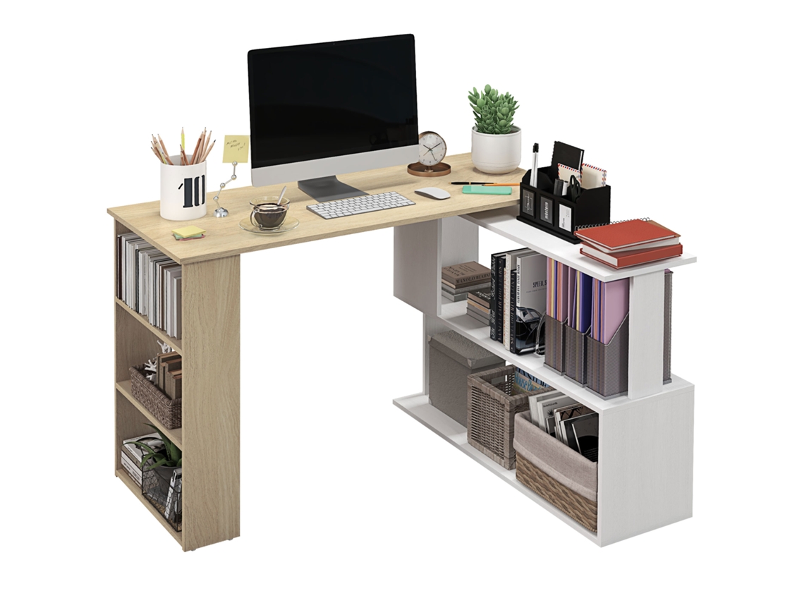 Librería En Forma De L Con Estantes De Madera Natural.