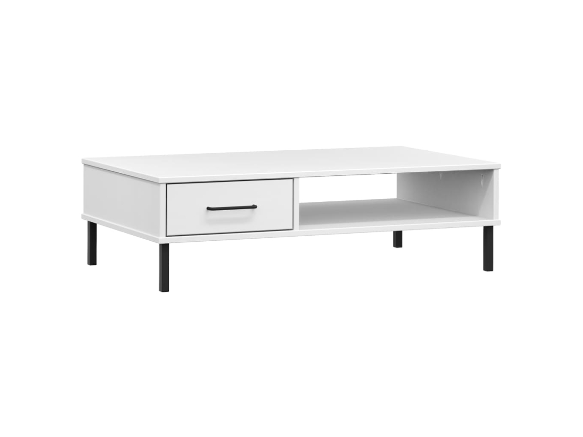 Mesa de centro de diseño moderno con patas metálicas, cajón y compartimento abierto, madera de pino blanco Dec037709 Dãcoshop26