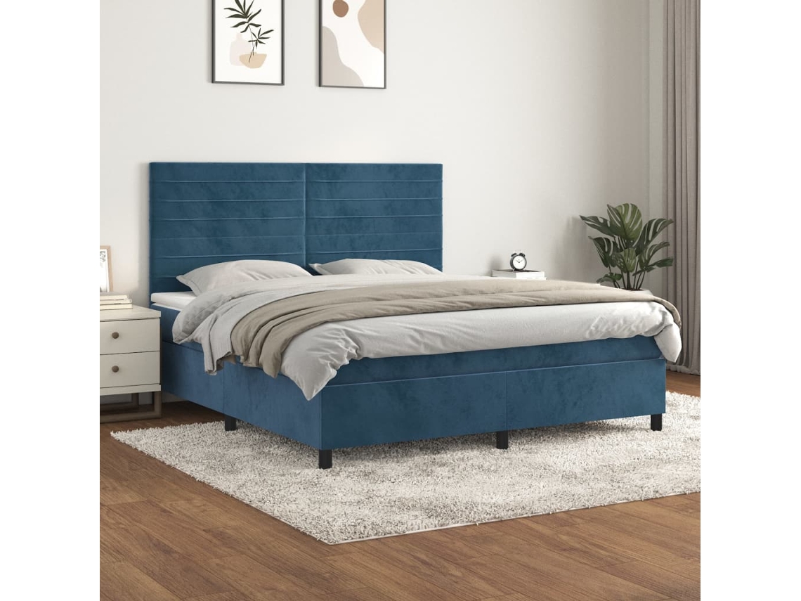 Cama Box Spring Con Colchón Terciopelo Azul Oscuro 180x200 Cm