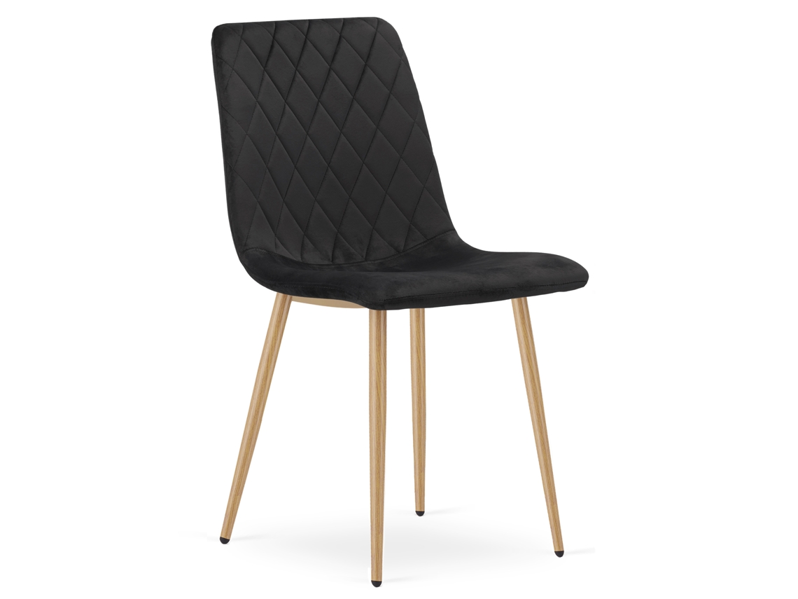 Silla de comedor Turín con asiento negro, patas de madera, asiento de terciopelo y diseño ergonómico.