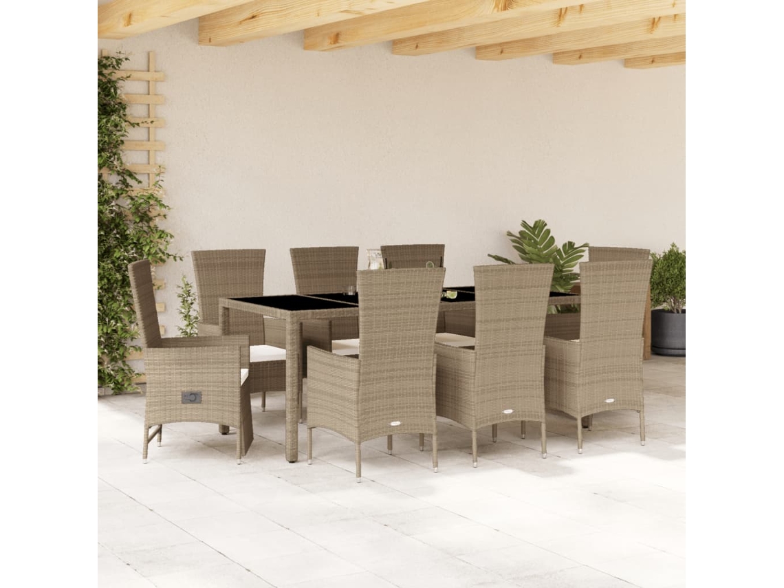 Juego de comedor de jardín de 9 piezas con cojines, mimbre sintético beige, DKD Home Decor