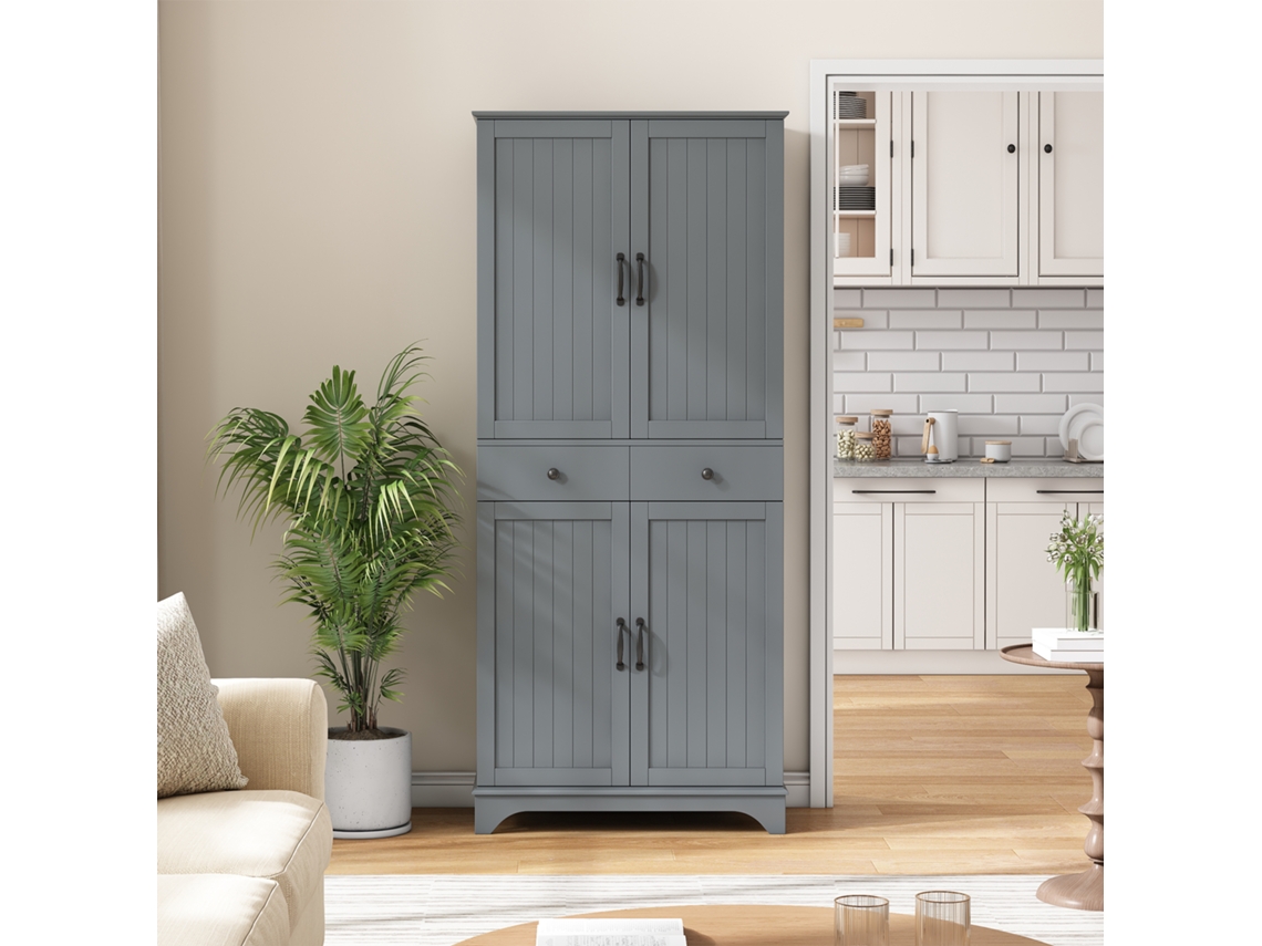 Aparador Alto - Estantes Ajustables Y Cajones, Puertas Tipo Frigorífico - Gris