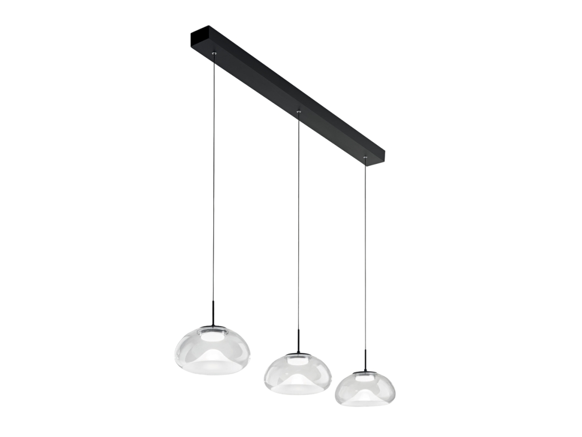 Lámpara colgante Brena Fabas Luce con 3 luces LED, 30 W regulable, diseño lineal transparente