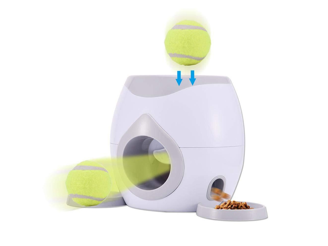 Máquina automática Primerox para lanzar pelotas a perros, con juguetes de entrenamiento.