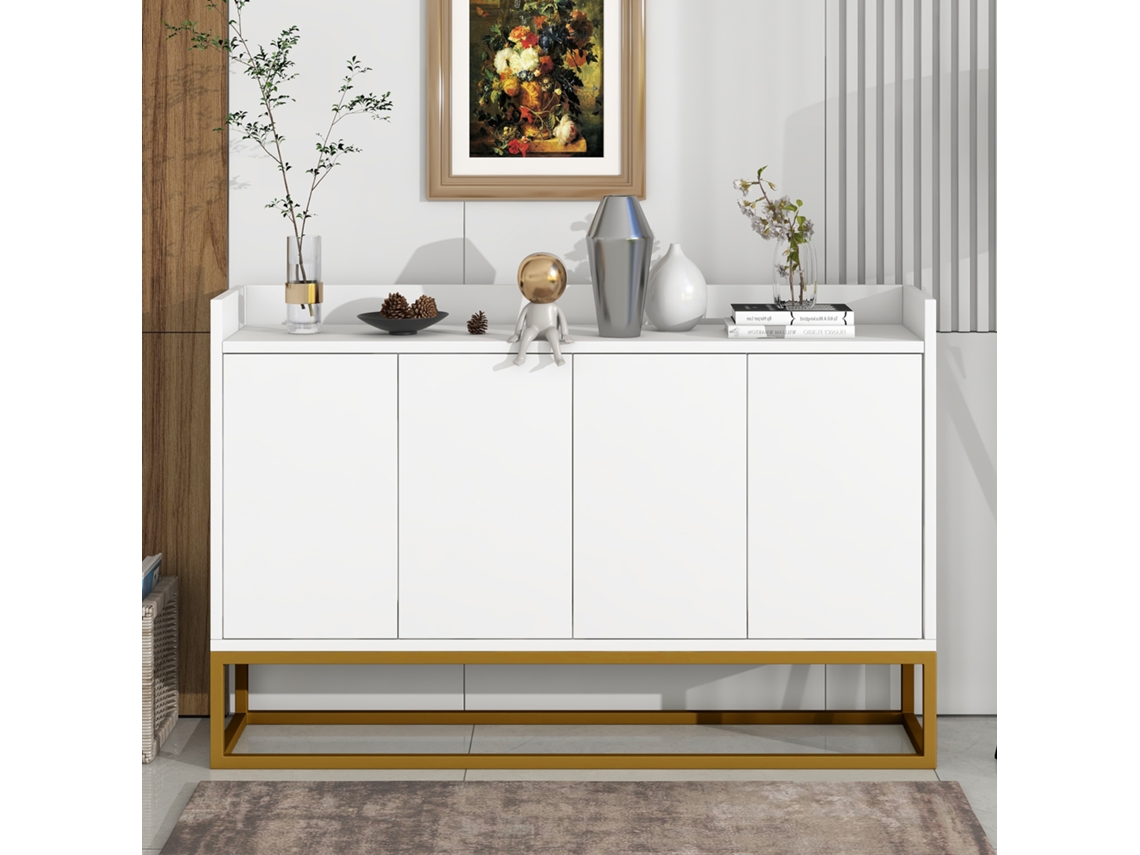 Aparador con 4 Puertas sin Tiradores Estilo Contemporáneo Madera Metal Blanco