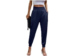 Pantalones de satén para mujer Rebe, de talle alto, estilo deportivo informal, con bolsillos, ideales para relajarse en casa, talla S, azul marino.