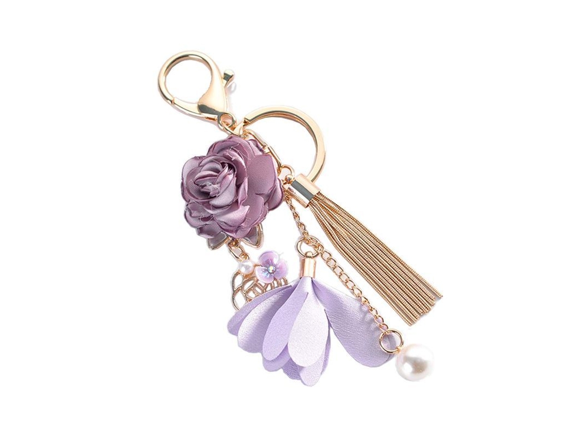 2026rebe-llavero De Flores Con Flecos Y Perlas Falsas Para Coche Bolso O Monedero Morado