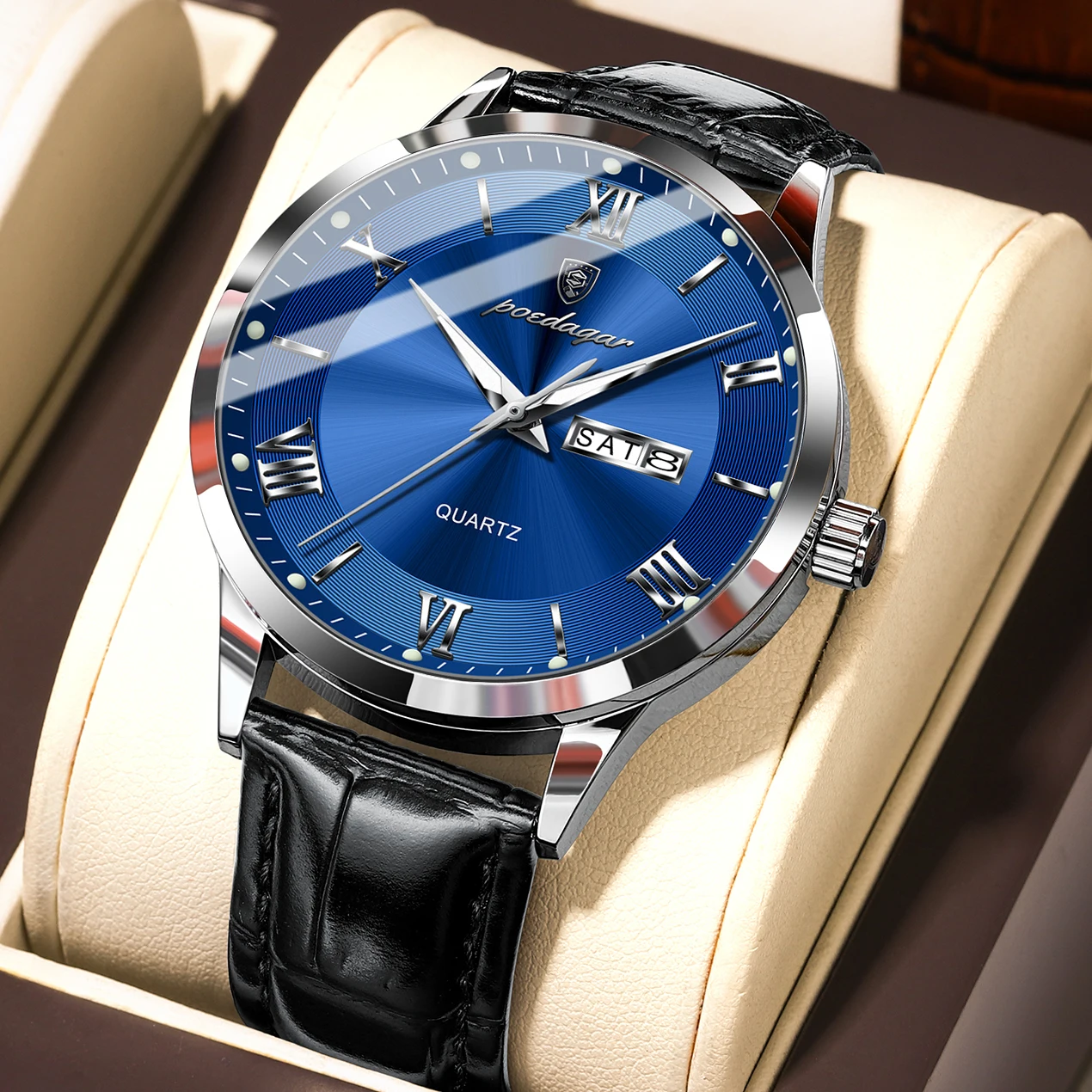 Reloj De Pulsera Para Hombre, Resistente Al Agua, Luminoso, Con Indicador De Fecha Y Día (caja Plateada, Esfera Azul).