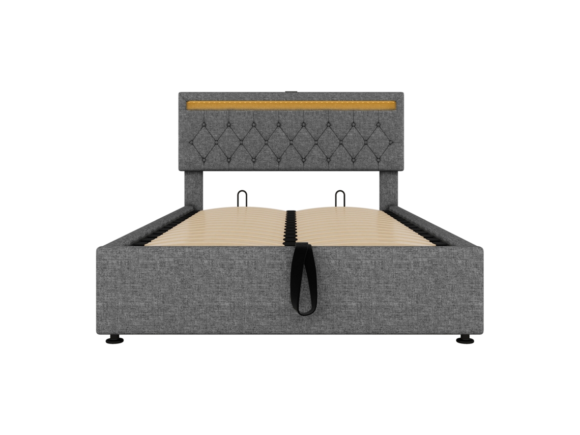 Cama contenedor de lino de 140 x 200 cm con LED y tomas USB en la cama, con base, color gris.