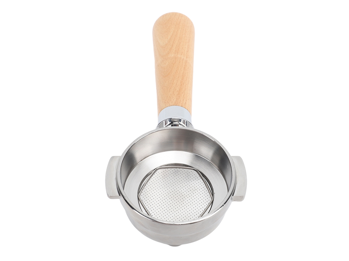 Portafiltro Primerox sin fondo, de 58 mm, de acero inoxidable con mango de madera maciza para máquinas de café.