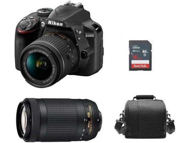 Kit Cámara Réflex NIKON D3400 AF-P 18-55mm F3.5-5.6G VR + AF-P 70-300mm F4.5-6.3 ED VR + Bolsa + 16 GB