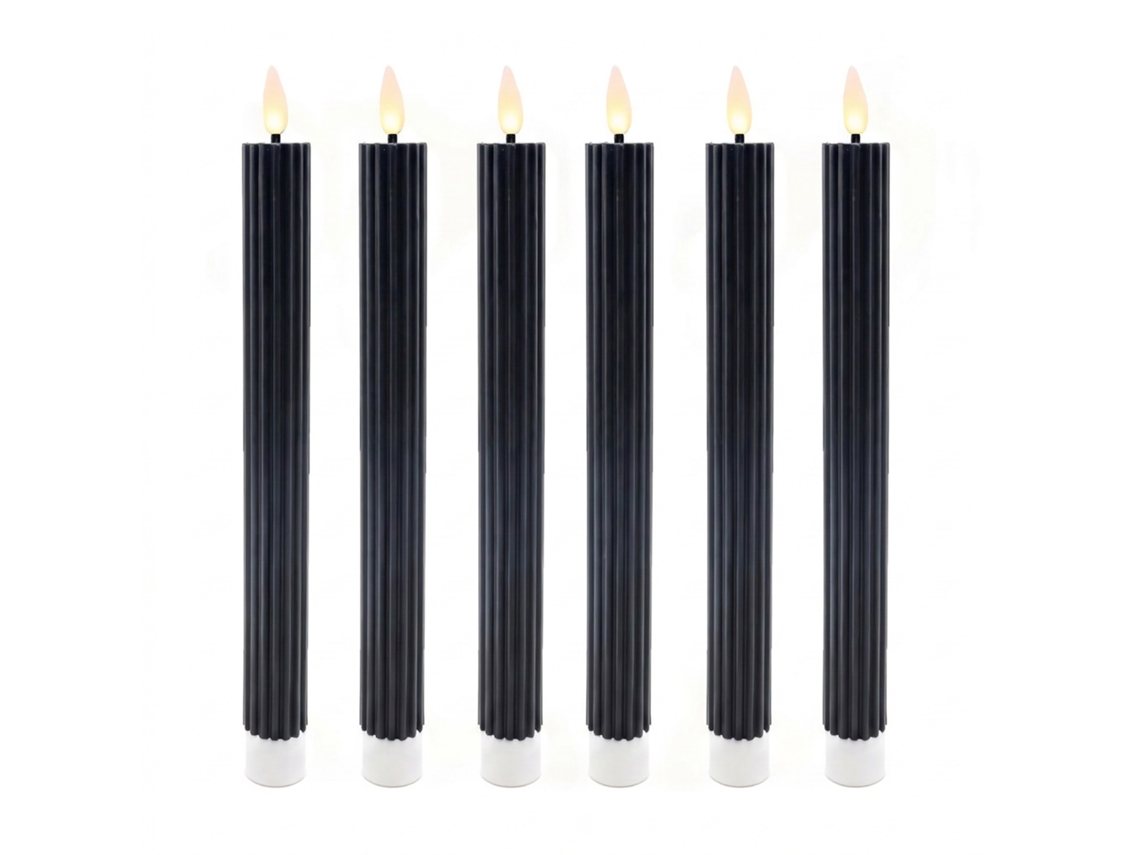Relaxdays Velas Led, Conj. 6, A X D: 25 X 2 Cm, Chama Tremeluzente, Cera Verdadeira, Com Ranhuras, Sem Chama, Pretas