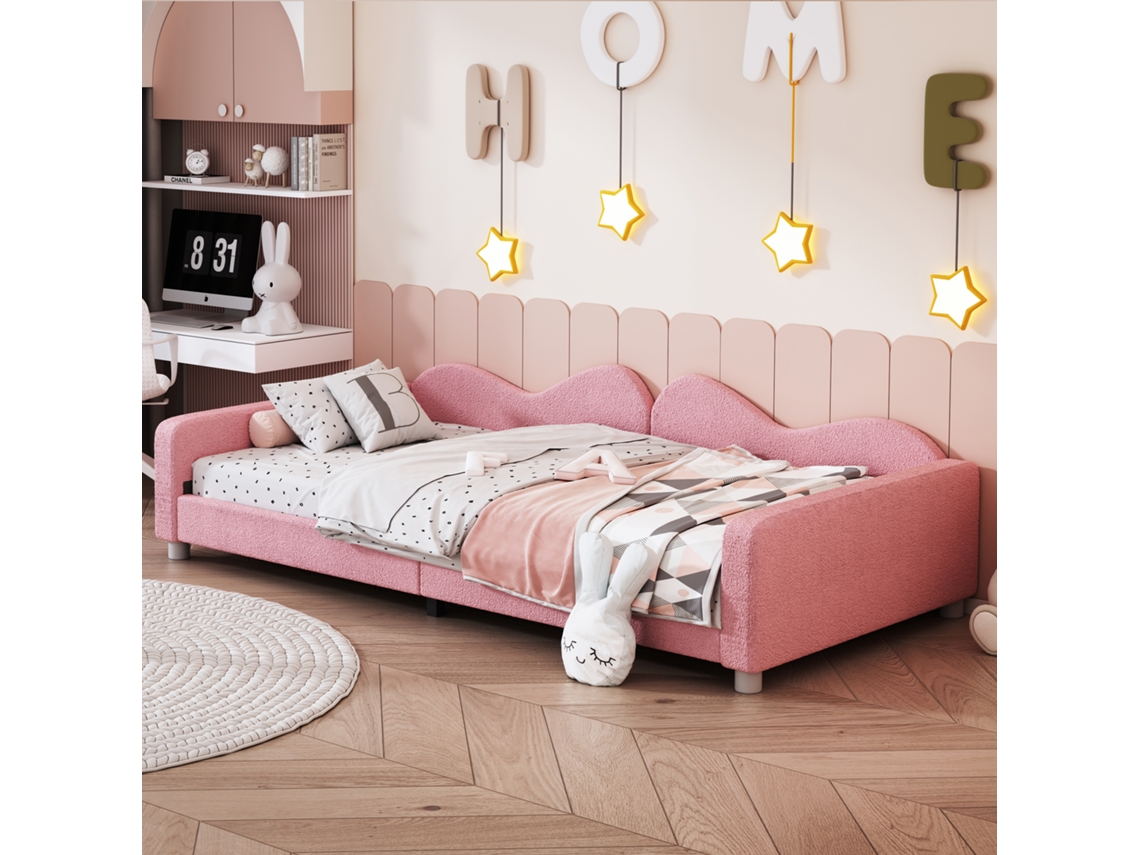 Cama Infantil, Cama Tapizada 90x200cm, Sofá Cama, Somier, Cama Con Respaldo Y Reposabrazos, Cama Juvenil, Cama De Invitados, Rosa