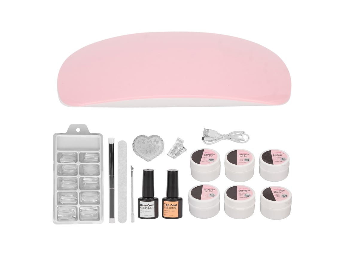 Kit de manicura Rebe con lámpara de curado, gel, base, capa superior, empujador y puentes para extensiones de uñas.