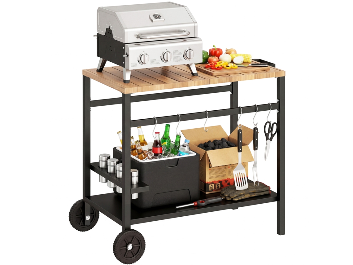 Carrito Para Barbacoa De 2 Niveles, Mesa Auxiliar, Ruedas, Ganchos Y Portavasos, Color Negro Y Marrón.