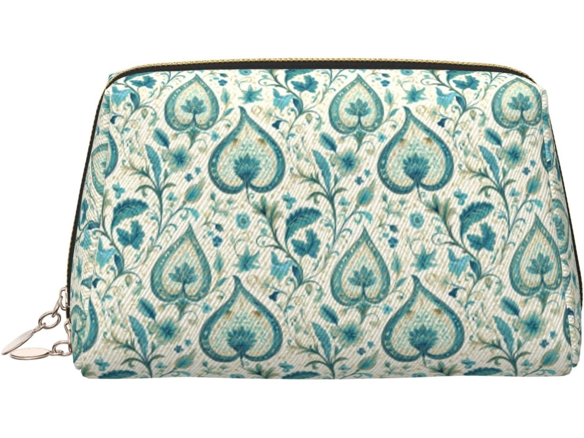 Neceser grande de color turquesa estampado con forro de espuma de cuero, ideal para viajar.