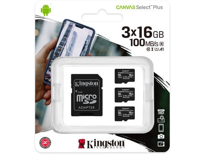 Pack 3 Tarjetas de Memoria KINGSTON 16GB MicroSD Canvas Select Plus 100R A1 C10 + Adaptador