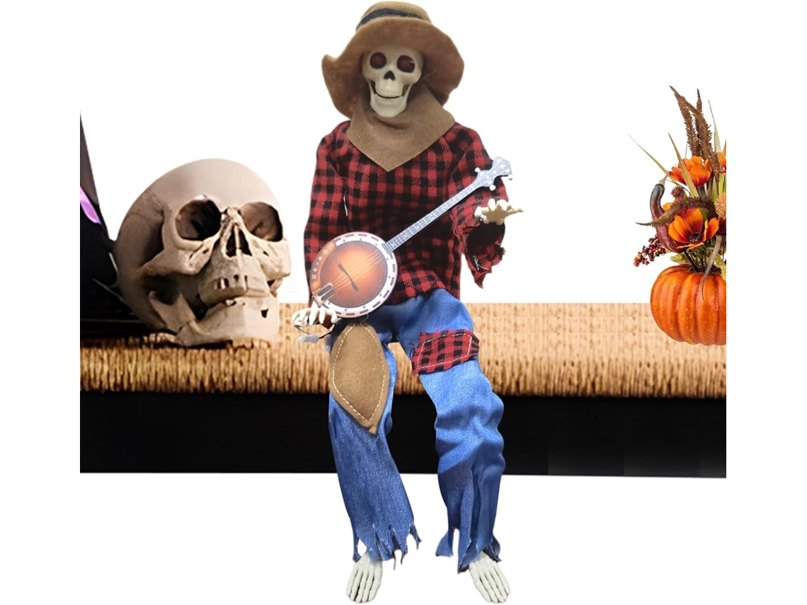 Esqueleto decorativo de Halloween, esqueleto de banjo articulado de 23 cm, hace sonidos divertidos, C Gokoco