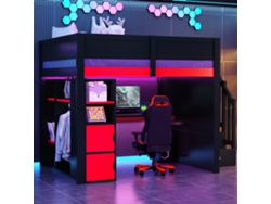 Cama Alta Gaming 140x200 - Escritorio, Almacenamiento, Led, Usb - Negro Y Rojo