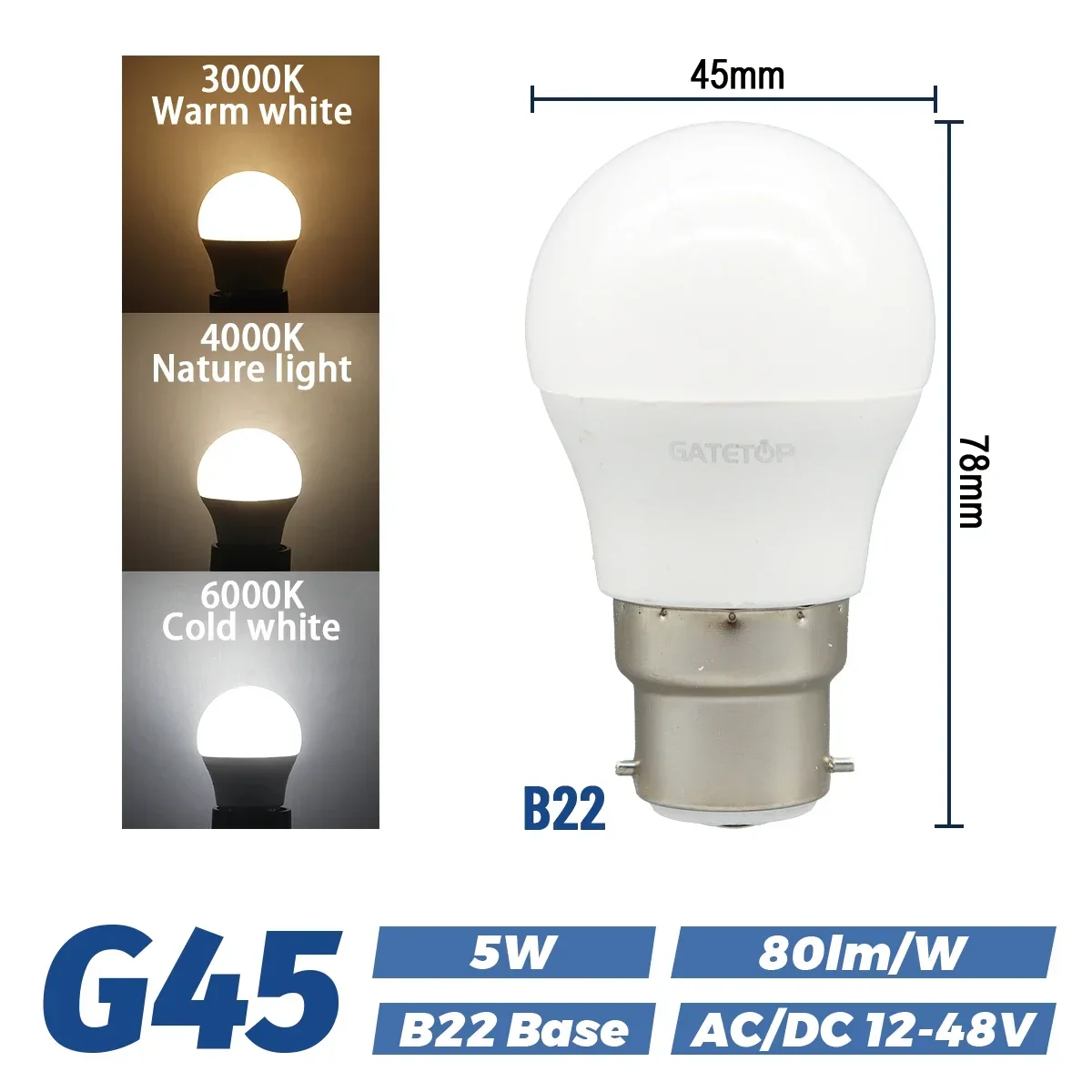 (5w B22, Luz Natural 4000k) Paquete De 5 Bombillas Led De 12v-48v, Bombillas De Bajo Voltaje