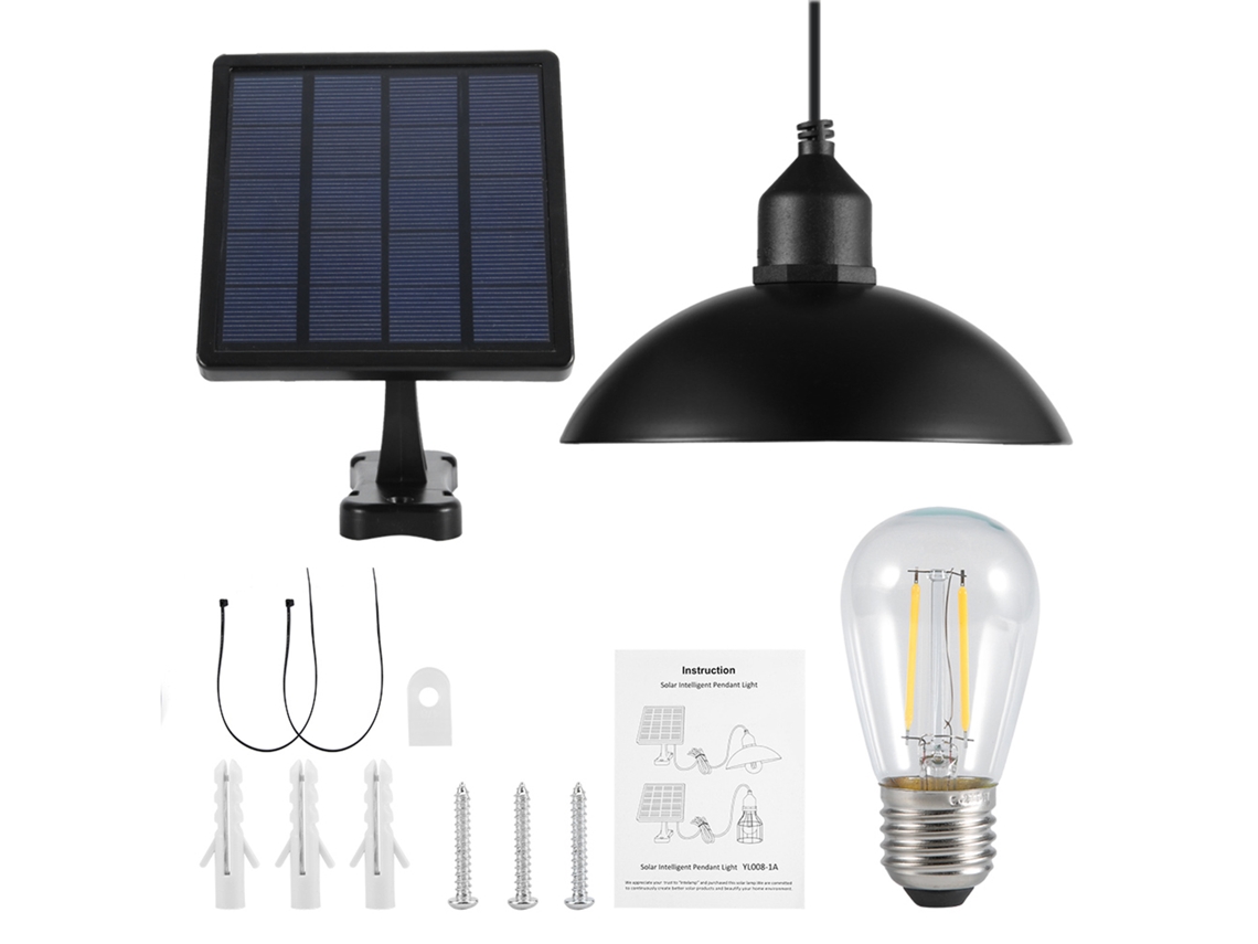 Lámpara colgante solar BJ con florón metálico, bombilla E27 para uso exterior, jardín, hogar, almacén.