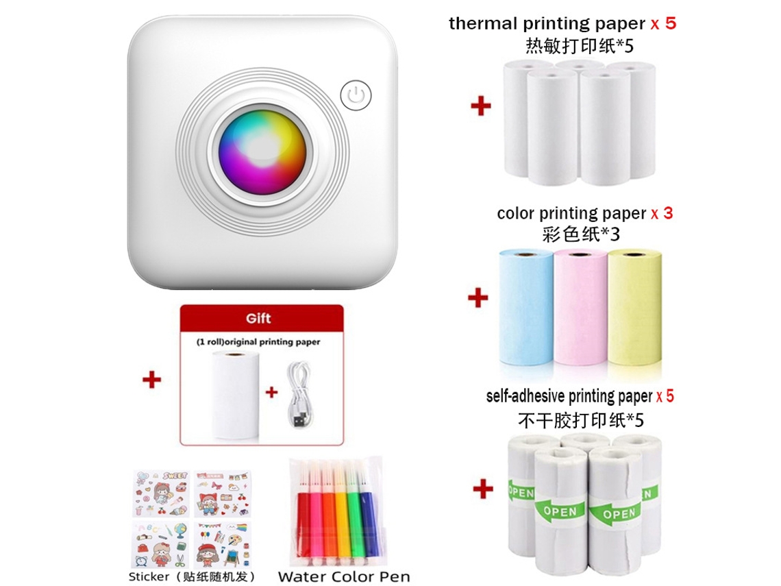 Impresora térmica sin tinta, impresora de etiquetas inalámbrica portátil con 14 rollos de papel de impresión, bolígrafo de acuarela y pegatinas Digitallab