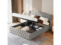 Cama Doble Moderna Con Riel Hidráulico, Amplio Espacio De Almacenamiento, Cabecero Tapizado, 160x200 Cm, Terciopelo, Gris, Sin Colchón
