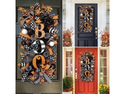 Corona De Halloween Para La Puerta Con Malla De Boo Y Cartel Para El Porche Con Calabaza.