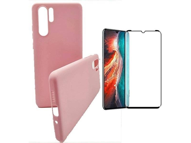 Kit Carcasa y Protector de Cristal 5D Full Cover Huawei P30 Pro Silicona Rosa