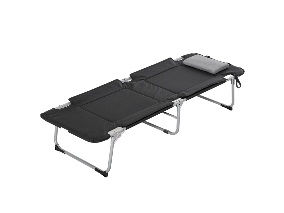 Cama plegable de camping con almohada, 183 x 66 x 33 cm, ligera y portátil para acampar al aire libre, color negro y plateado.