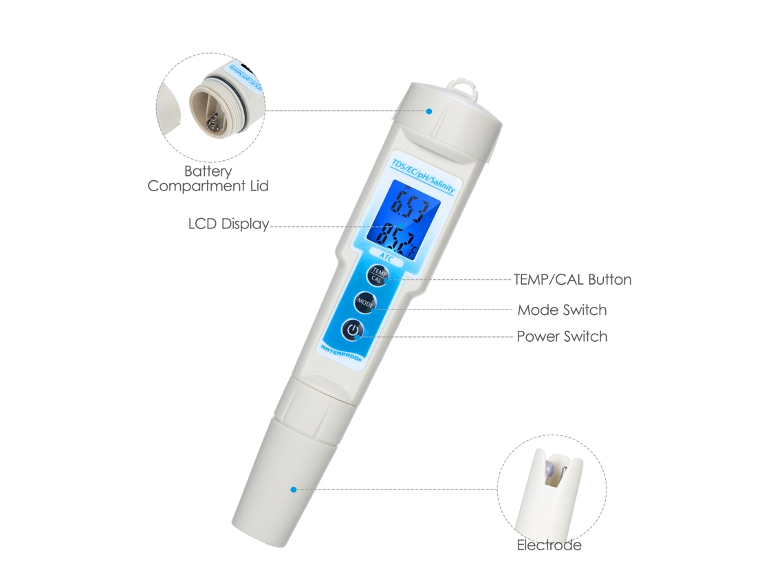 Medidor Multifuncional 5 En 1 De Calidad Del Agua Con Ph/tds/ec/salinidad/temperatura, Función Atc Y Pantalla Lcd.