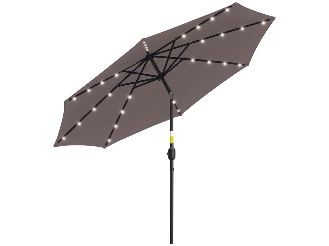Sombrilla Terraza Exterior Ø265 Cm De Jardín Con 32 Luces Led Solares Poste De Acero Y Manivela Parasol Inclinable Para Patio Gris