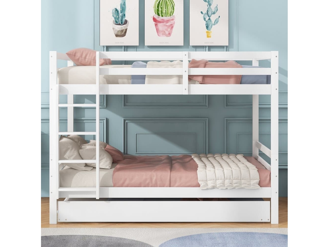 Litera 2x140x200cm Con Cama Nido 90x190cm - Con Barandilla Y Escalera - Blanco