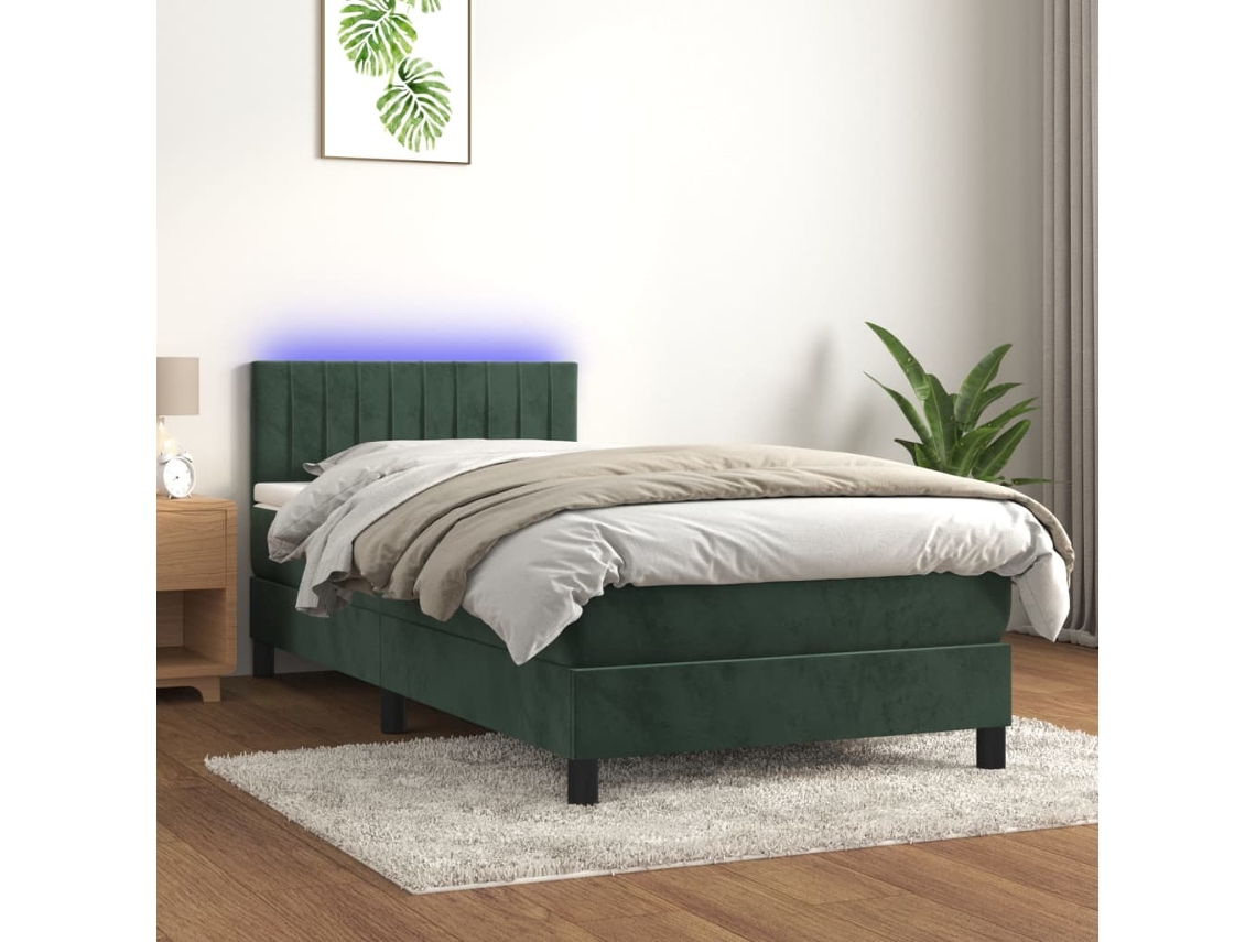 Cama Box Spring Colchón Y Led Terciopelo Verde Oscuro 90x190 Cm