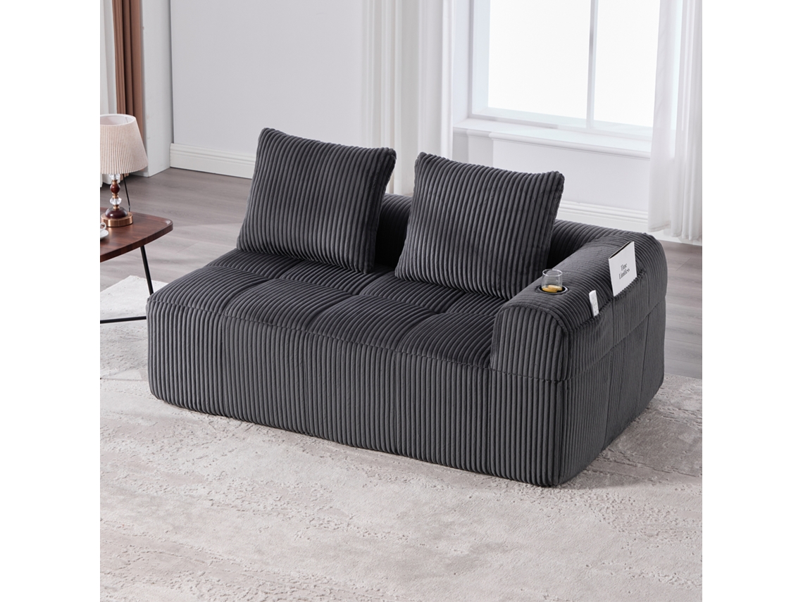 Cómodo sofá de 2 plazas con cojines, bolsillo lateral y portavasos, gris oscuro, Mobrio.