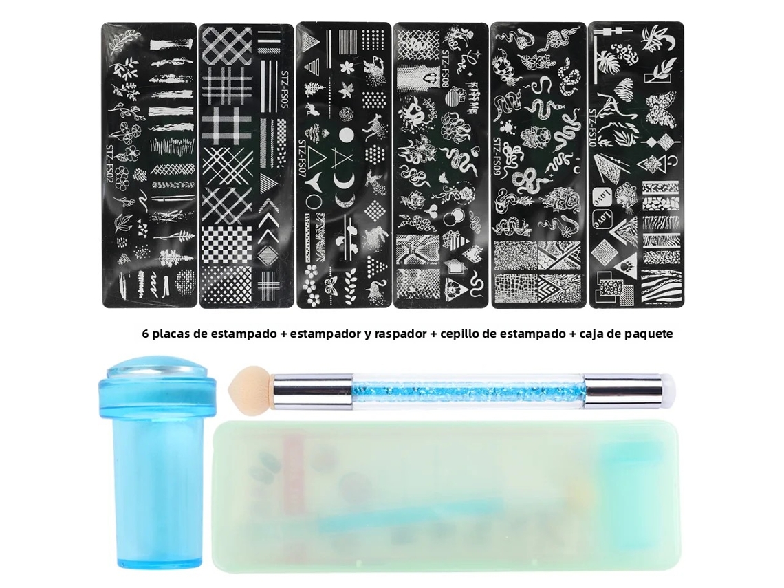 Juego de 9 piezas para decoración de uñas que incluye sellos de silicona, pincel para estampar y polvo para uñas.