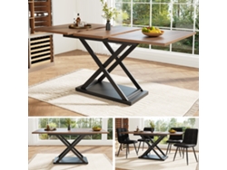 Mesa de comedor telescópica extensible de 120-160 × 80 cm, ideal para ahorrar espacio en la cocina, con patas cruzadas de hierro negro.