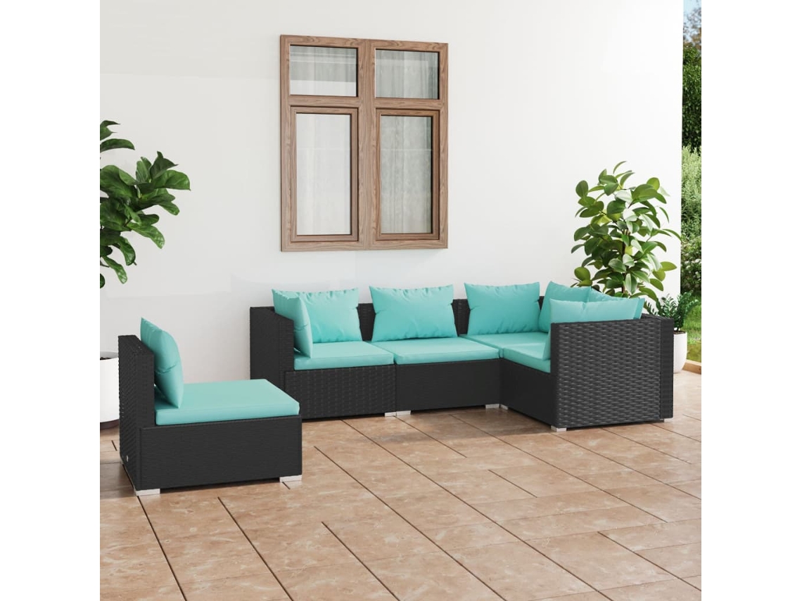 Conjunto de jardín de 5 piezas con cojines, mimbre sintético negro, DKD Home Decor