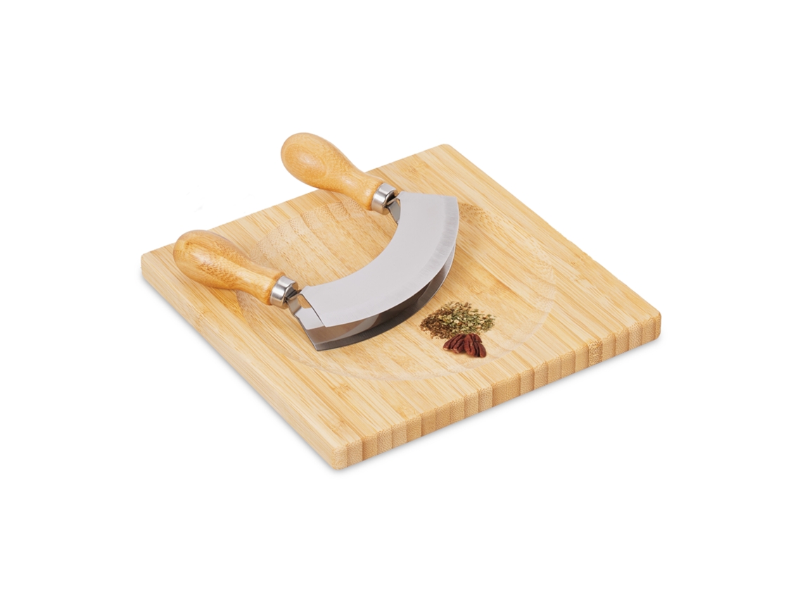 Faca De Pesagem Relaxdays Com Tábua, Bambu E Aço Inoxidável, Faca De Dois Gumes, Tábua 20x20 Cm, Natural/prata