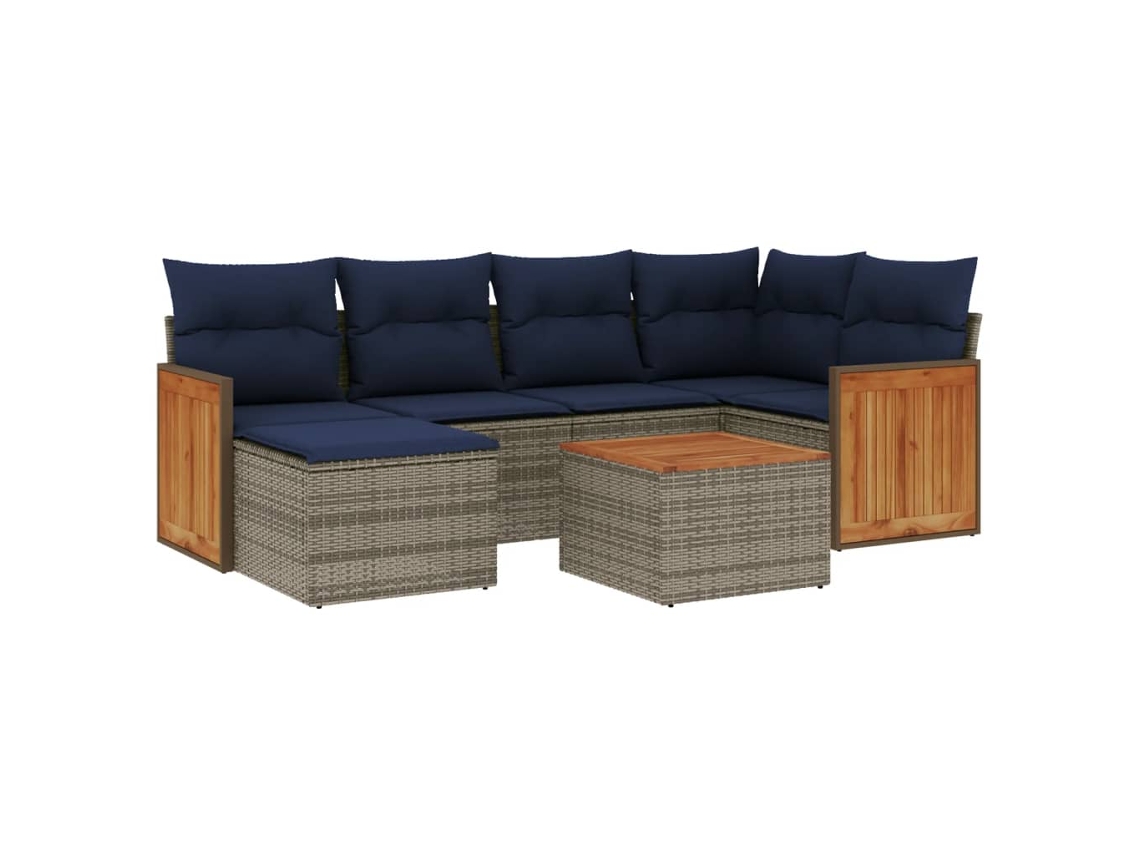 Conjunto de sofá de jardín de 7 piezas con cojines, ratán gris. EXCLUSIVO DE MAISON.