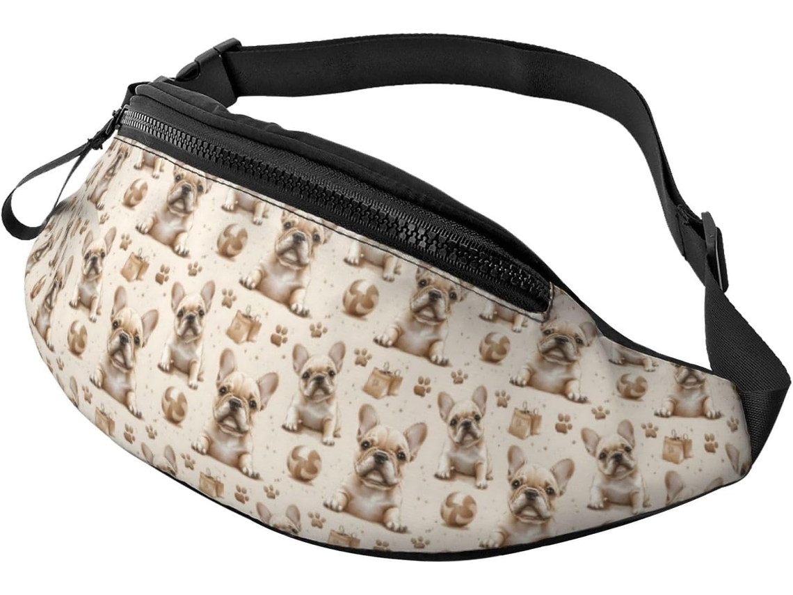 Riñonera marrón con estampado de bulldog francés, sin marca.