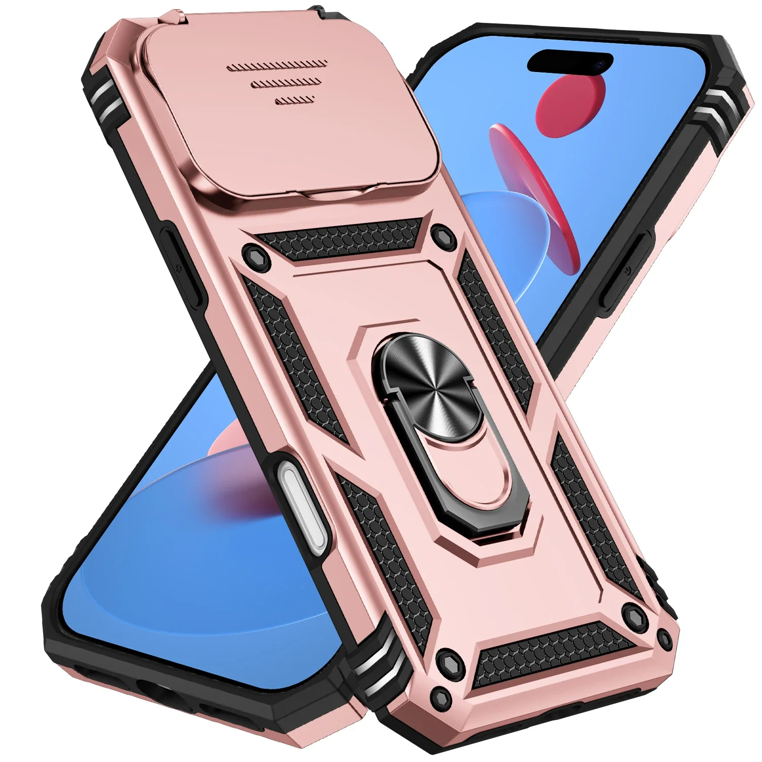 (rosa, Iphone 15 Pro) Funda Portátil Con Anillo Magnético De Pctpu Y Protector De Lente Deslizante