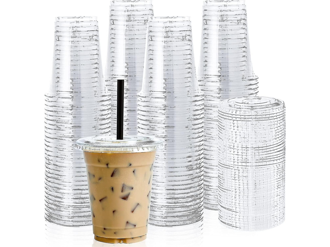 100 Conjuntos Vasos Plásticos Transparentes 12oz Con Tapa Plana Desechables Para Café Helado Smoothie Slurpee Bebidas Frías