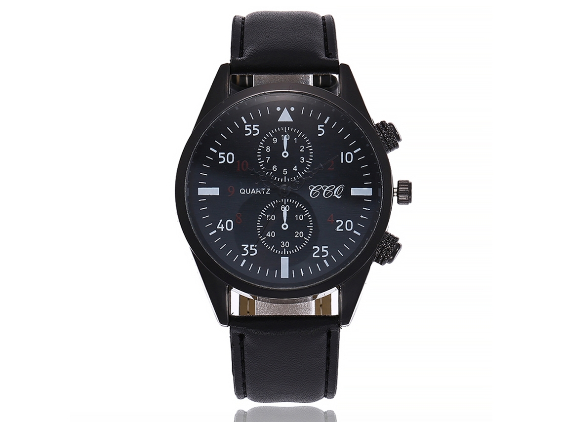 Reloj Sencillo E Informal Para Hombre Con Correa De Pu, Esfera Redonda, Movimiento De Cuarzo Analógico, Negro+negro