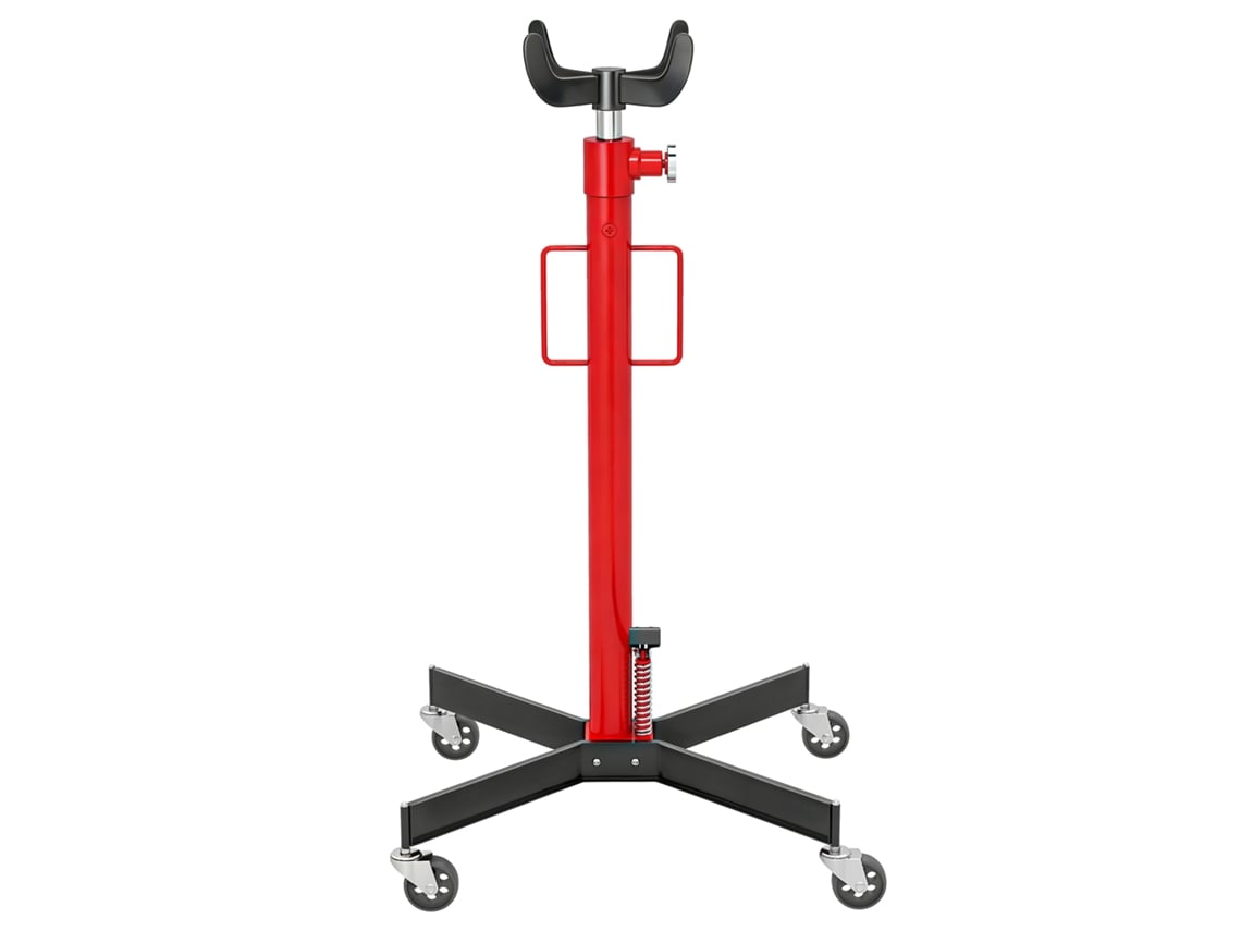 Gato hidráulico para pozos con capacidad de elevación de 500 kg, ruedas giratorias y pedal rojo.